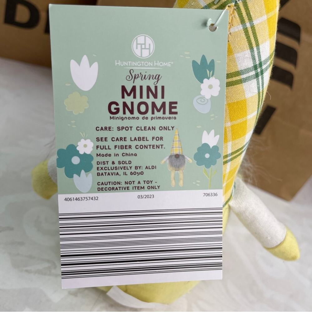Aldi Huntington Home Spring Mini Gnome 16" Yellow Plaid Stripes NWT - Picture 8 of 9